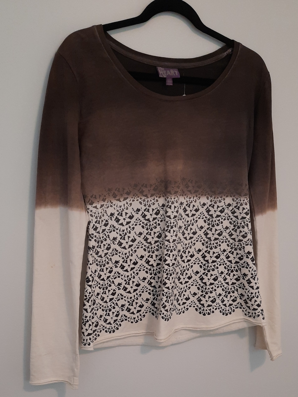 Heart Brown/Gray/Cream Ombre Lace-Print Long Sleeve Tee Size L